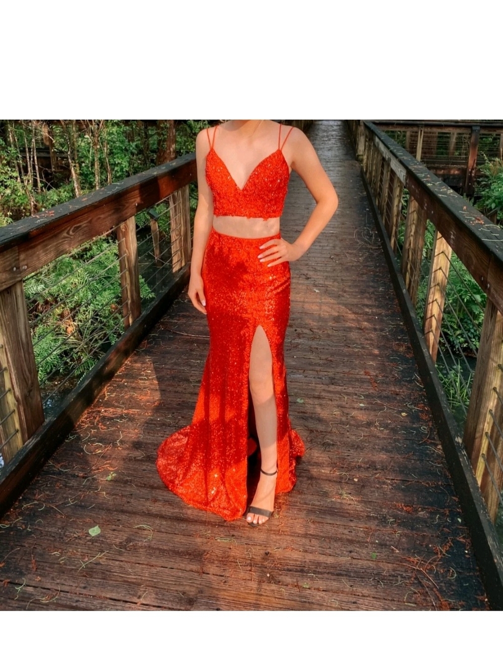 Red Sequin Two-Piece Evening Dress with Thigh Slit